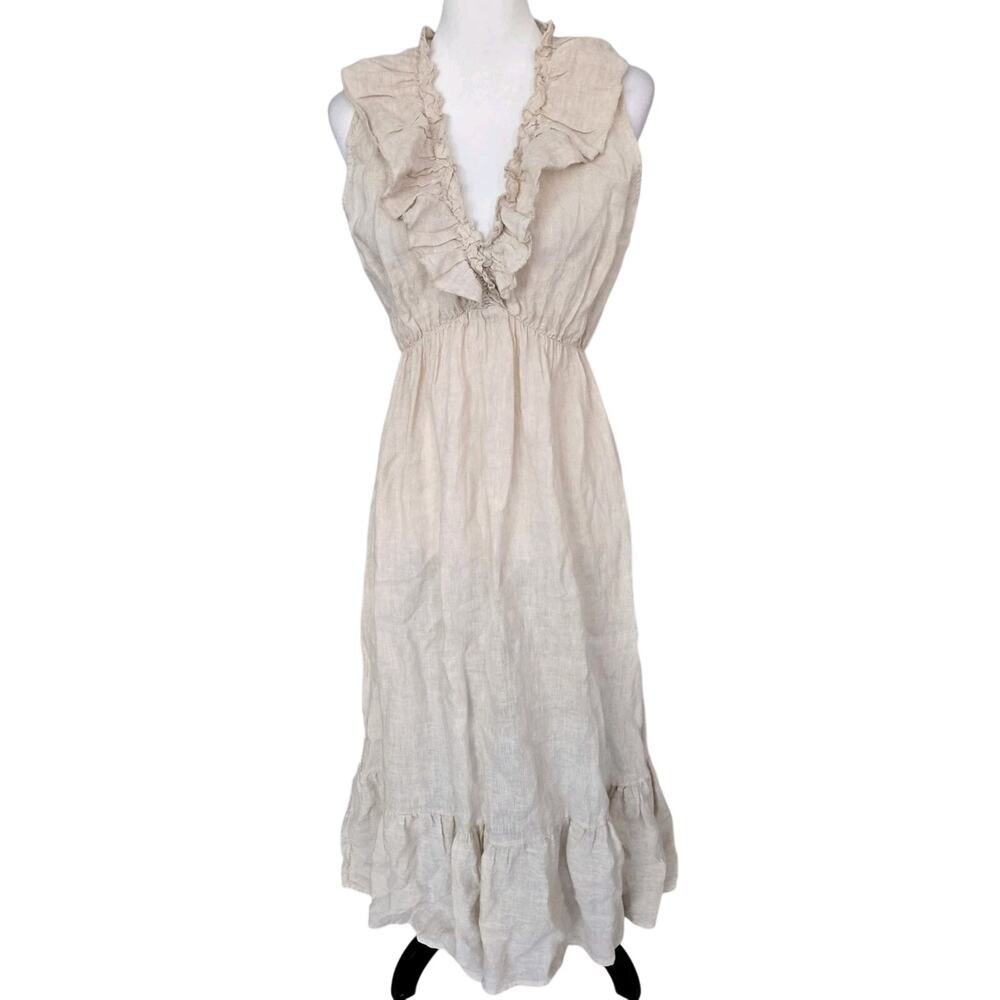 Tempo Paris Boho Chic Linen Lagenlook Ruffled Vneck Tiered Dress Italy Sz S/M